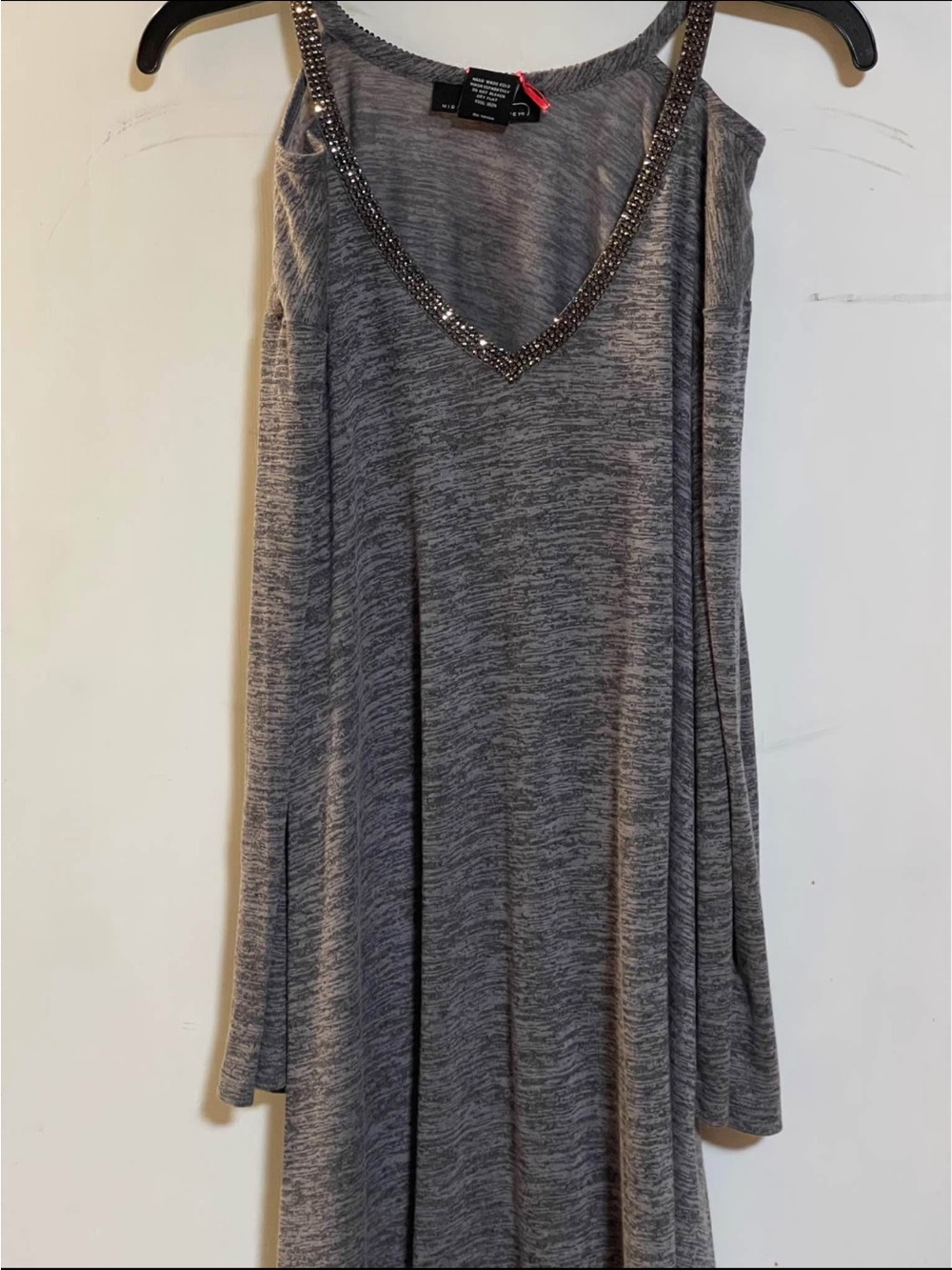 Midnight Velvet Gray Knit Short Sleeve Tee with Beaded V-Neck
